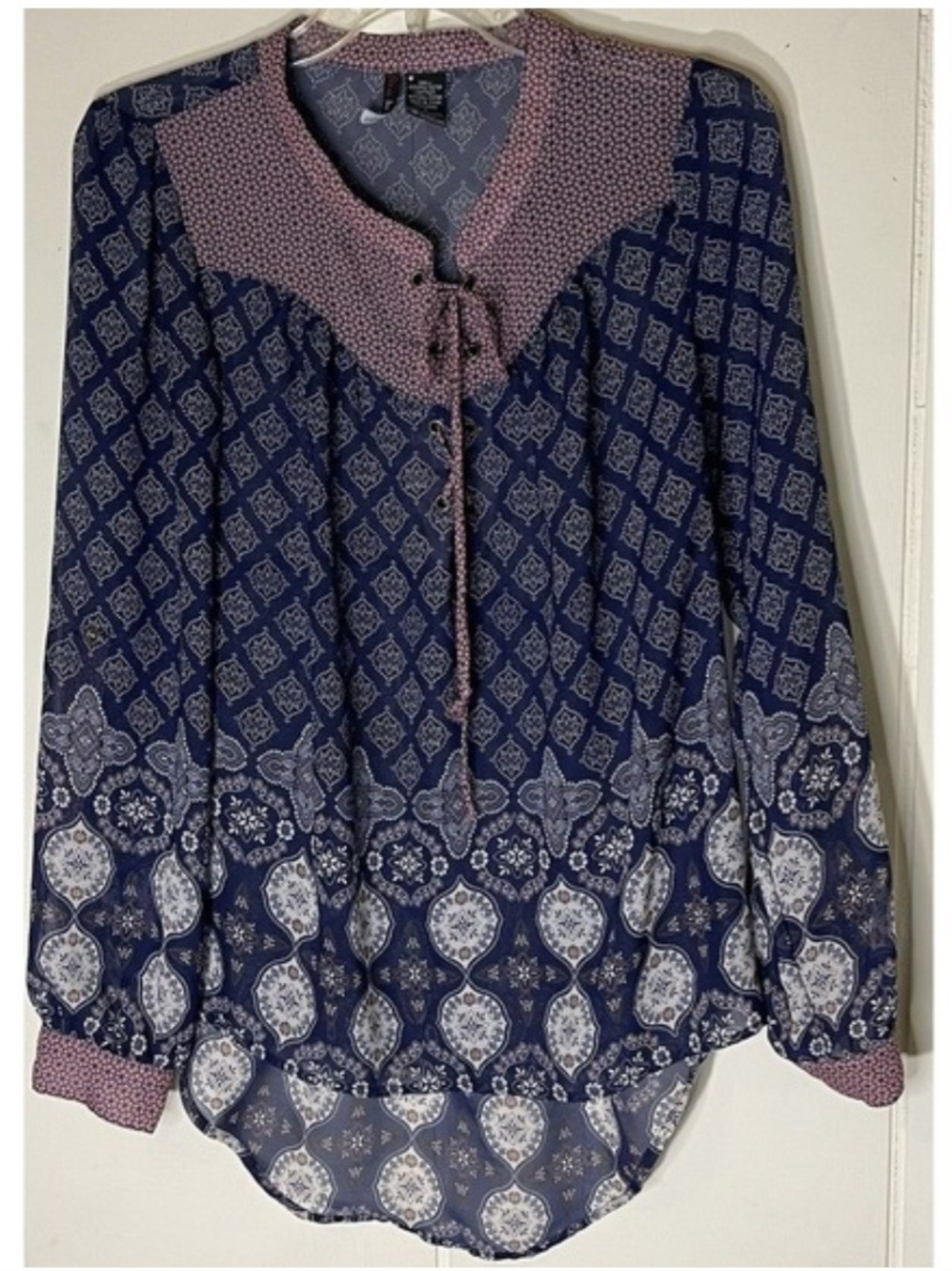 Maurices Navy Blue Printed Peasant Blouse with Pink Yoke